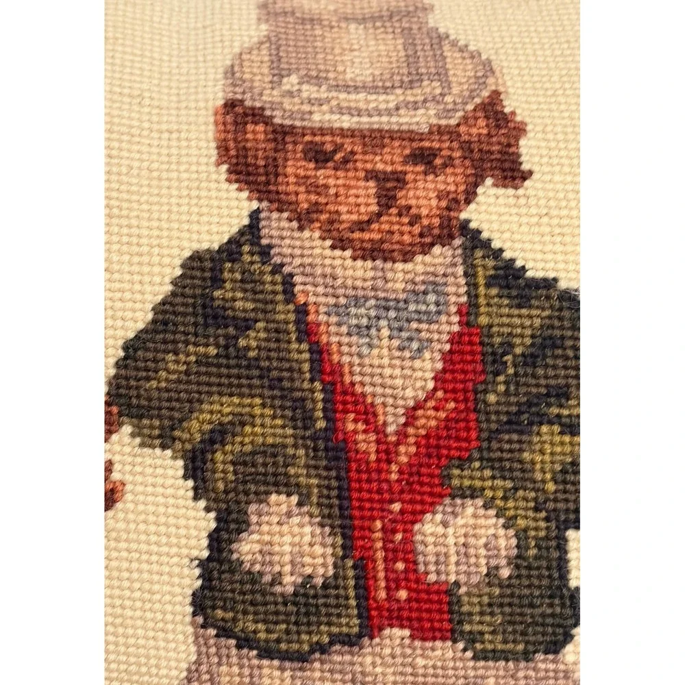 Vintage Needlepoint Dog Pillow Victorian Anthropomorphic Dogs Velvet‎ Back 18x12